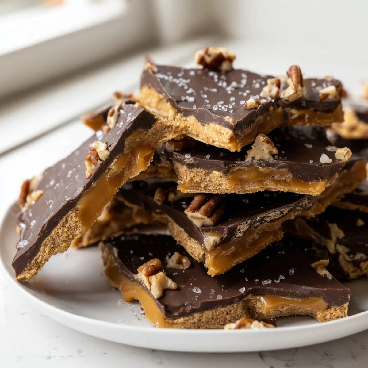 Golden caramel-coated pecan pie bark broken into rustic shards on a parchment-lined sheet