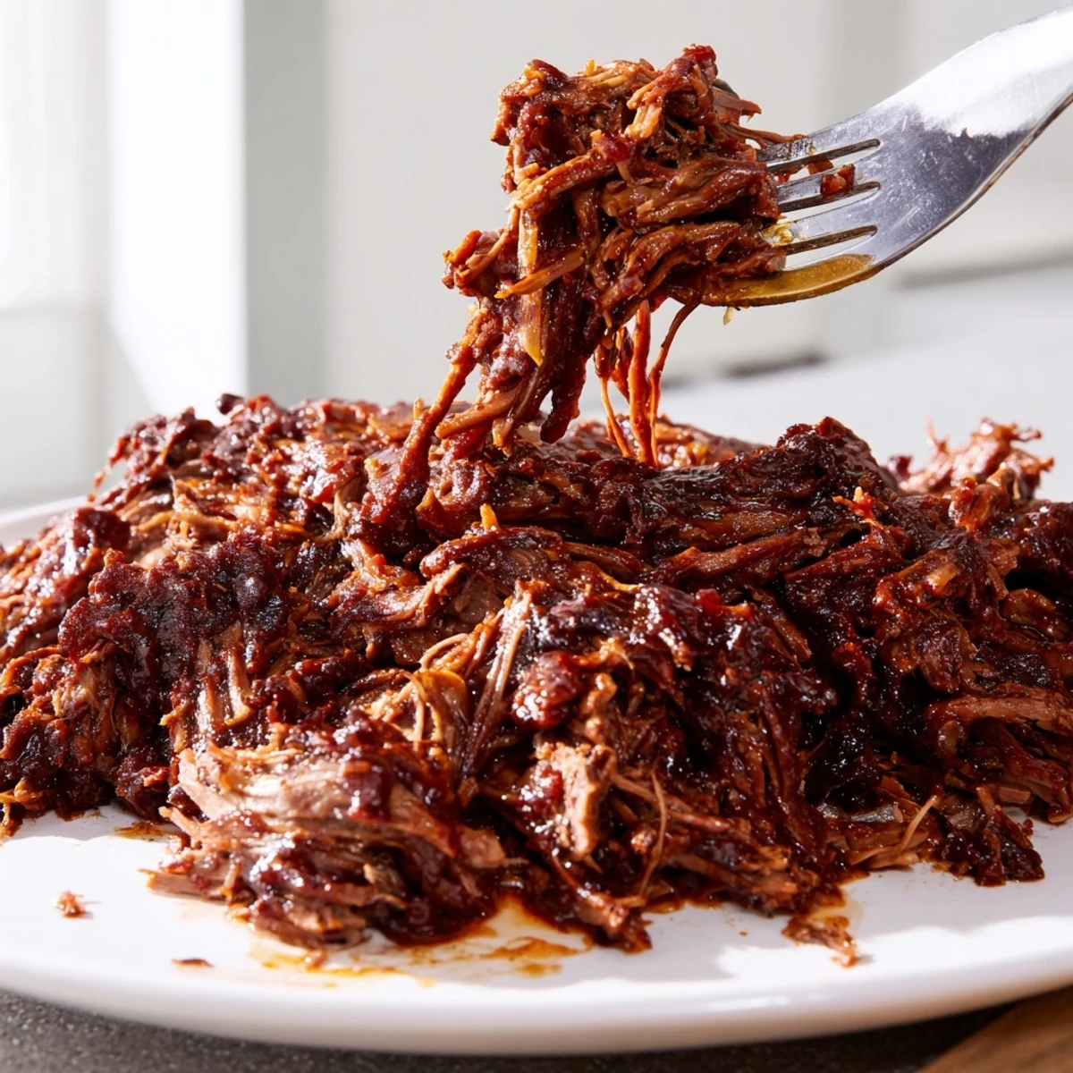 Slow Cooker BBQ Pulled Beef piled high on a toasted bun with creamy coleslaw