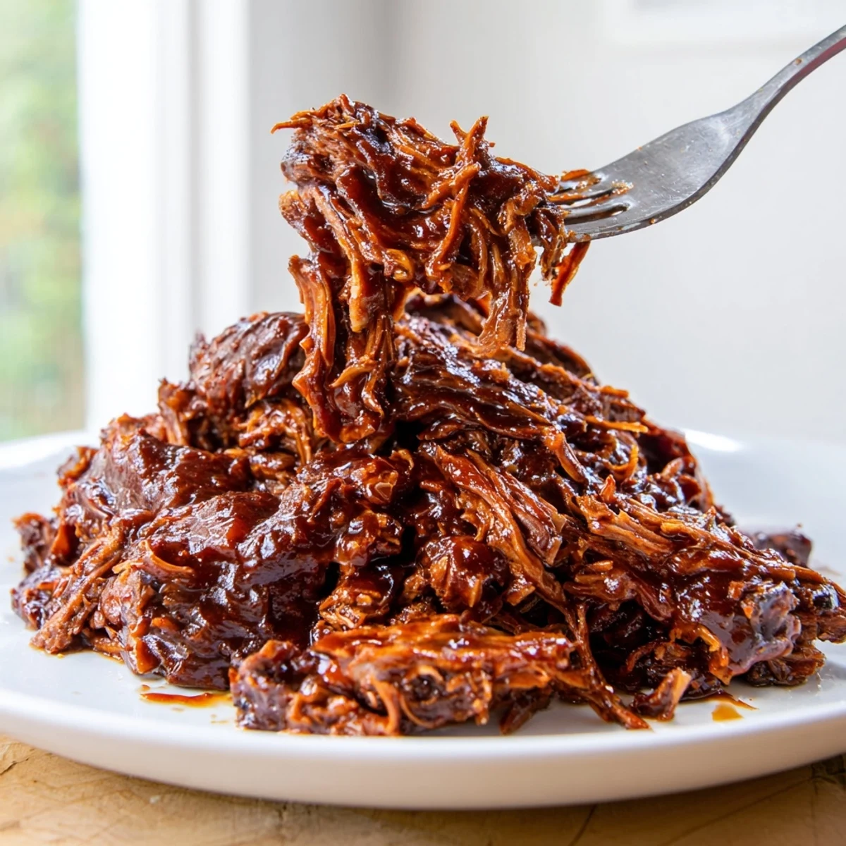 Tender shredded Slow Cooker BBQ Pulled Beef glistening with tangy sweet sauce on a plate