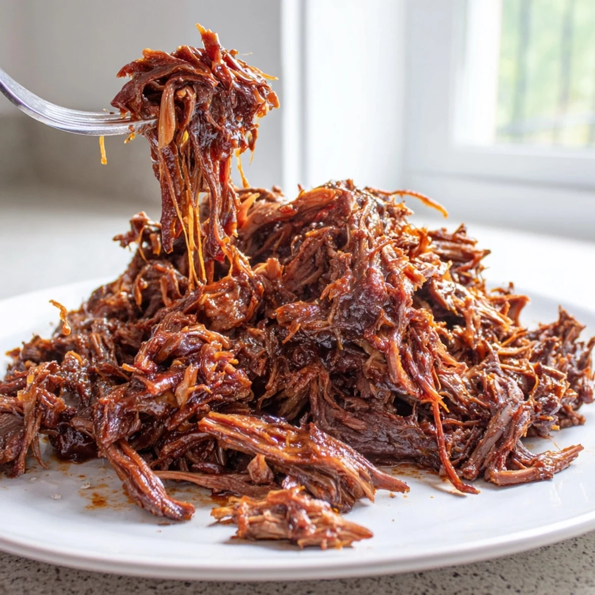 Hearty Slow Cooker BBQ Pulled Beef fork-tender and coated in rich smoky barbecue gravy