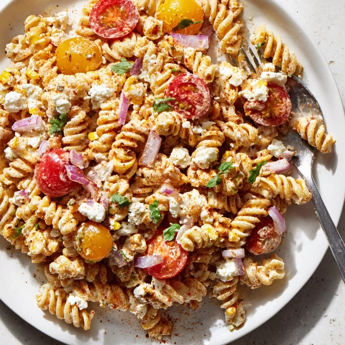 Creamy Elote Street Corn Pasta Salad topped with crumbled cotija cheese and fresh cilantro