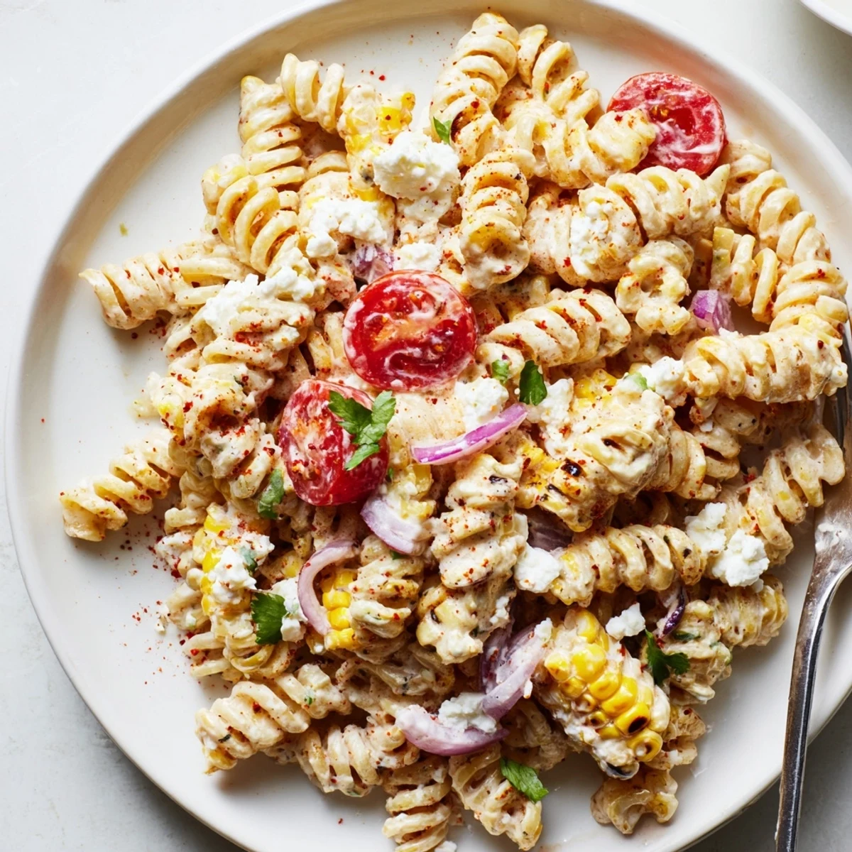 Colorful Elote Street Corn Pasta Salad served in a bowl with cherry tomatoes and lime wedges