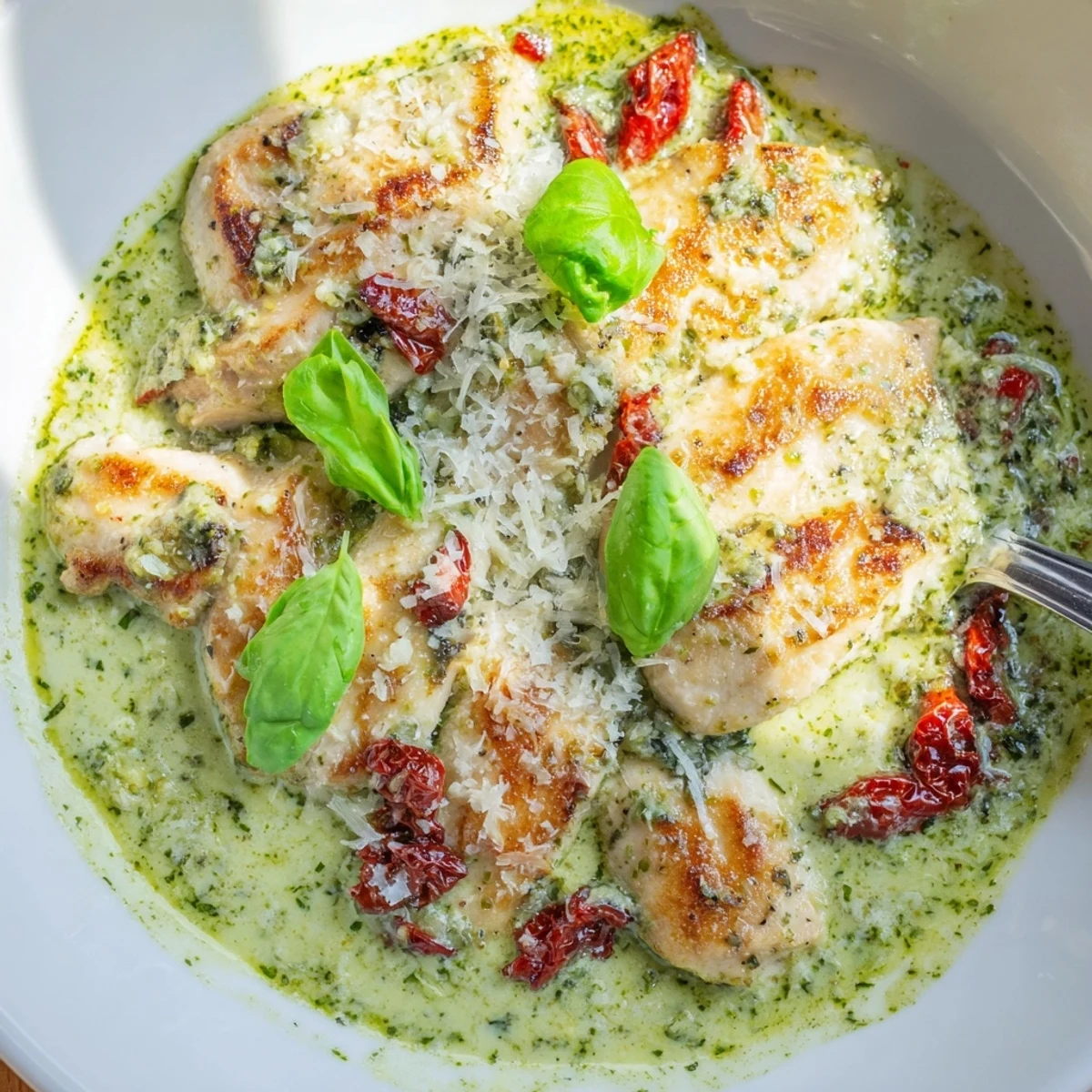 Creamy Marry Me Chicken Pesto in a golden skillet with sun-dried tomatoes and fresh basil