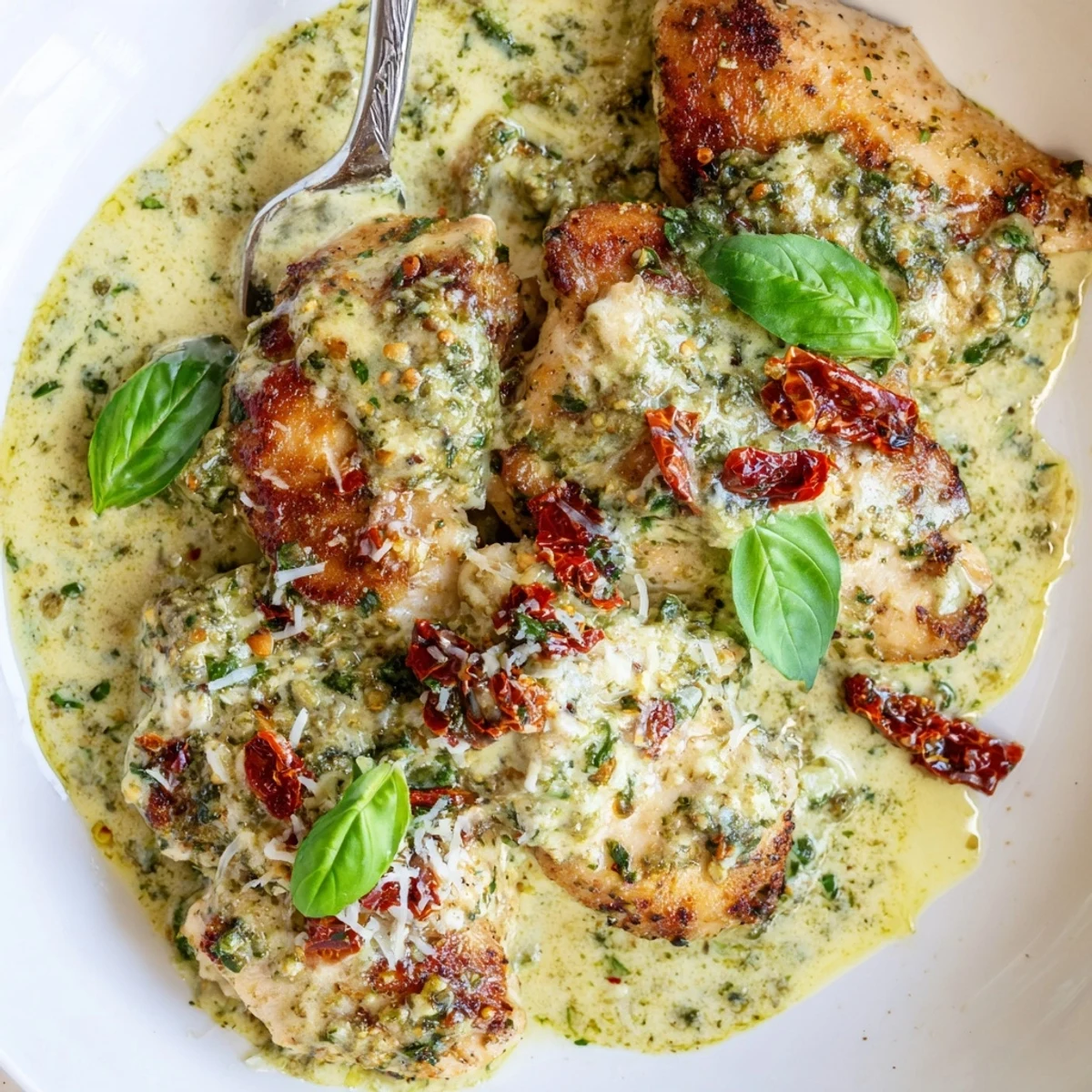 Juicy seared chicken breasts smothered in rich basil pesto cream sauce with Parmesan cheese