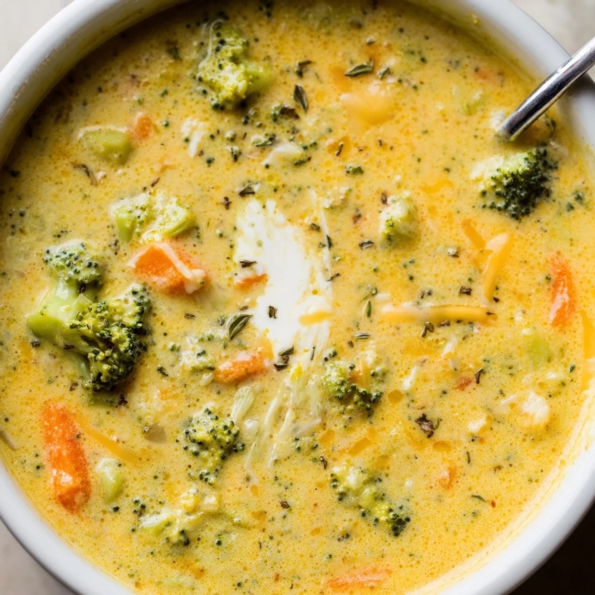 Creamy slow cooker broccoli cheese soup topped with melted cheddar in a rustic bowl