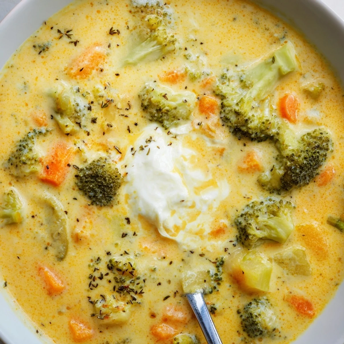 Steaming bowl of slow cooker broccoli cheese soup with tender broccoli chunks and crusty bread