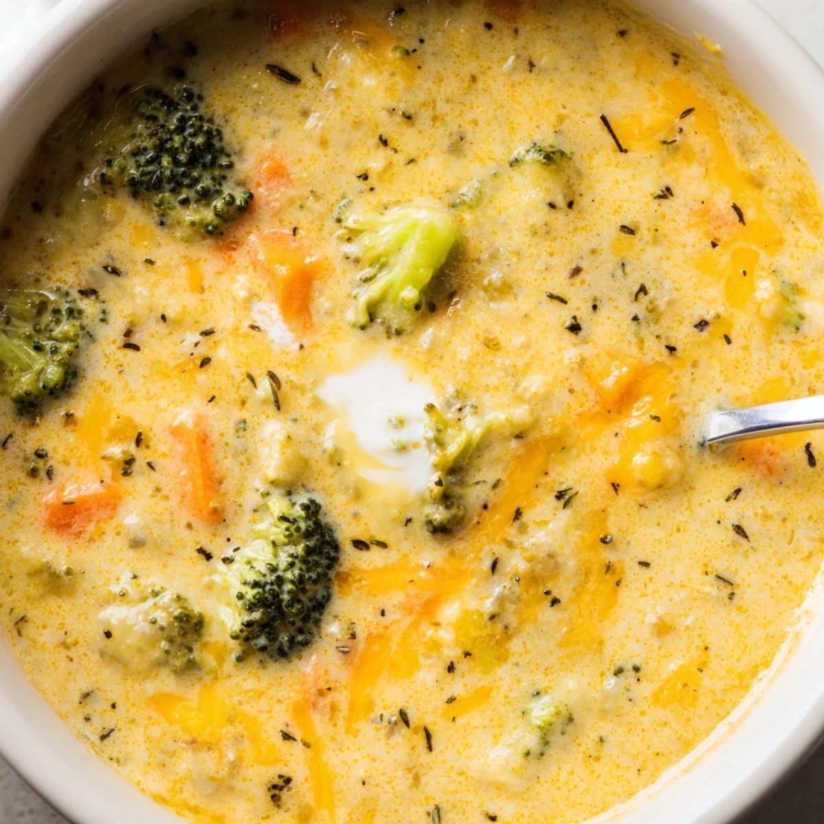 Slow cooker broccoli cheese soup garnished with golden croutons and fresh parsley