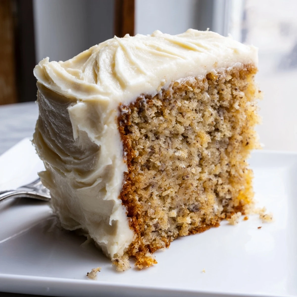 A generous slice of brown butter banana cake topped with thick cream cheese frosting on a rustic plate.