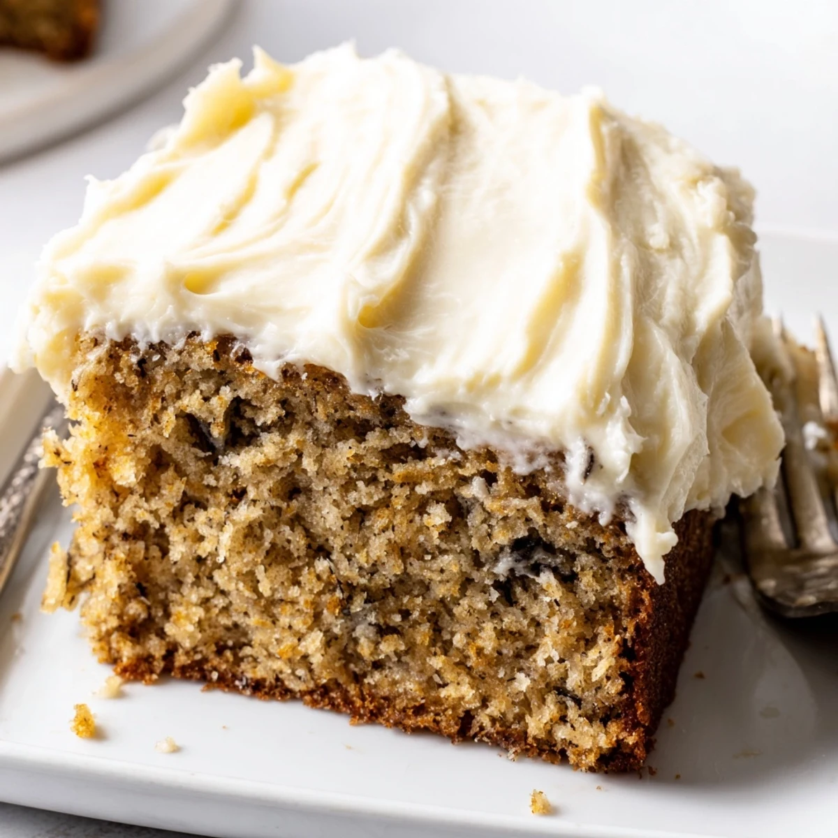 Warm brown butter banana cake with thick cream cheese frosting swirled high and ready to serve.
