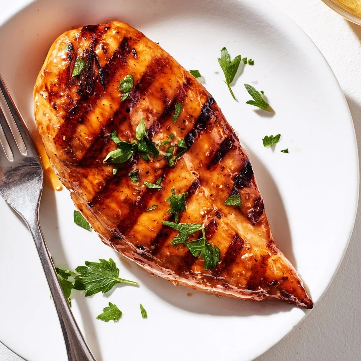 Juicy maple Dijon grilled chicken breast served with fresh parsley and lemon wedges  