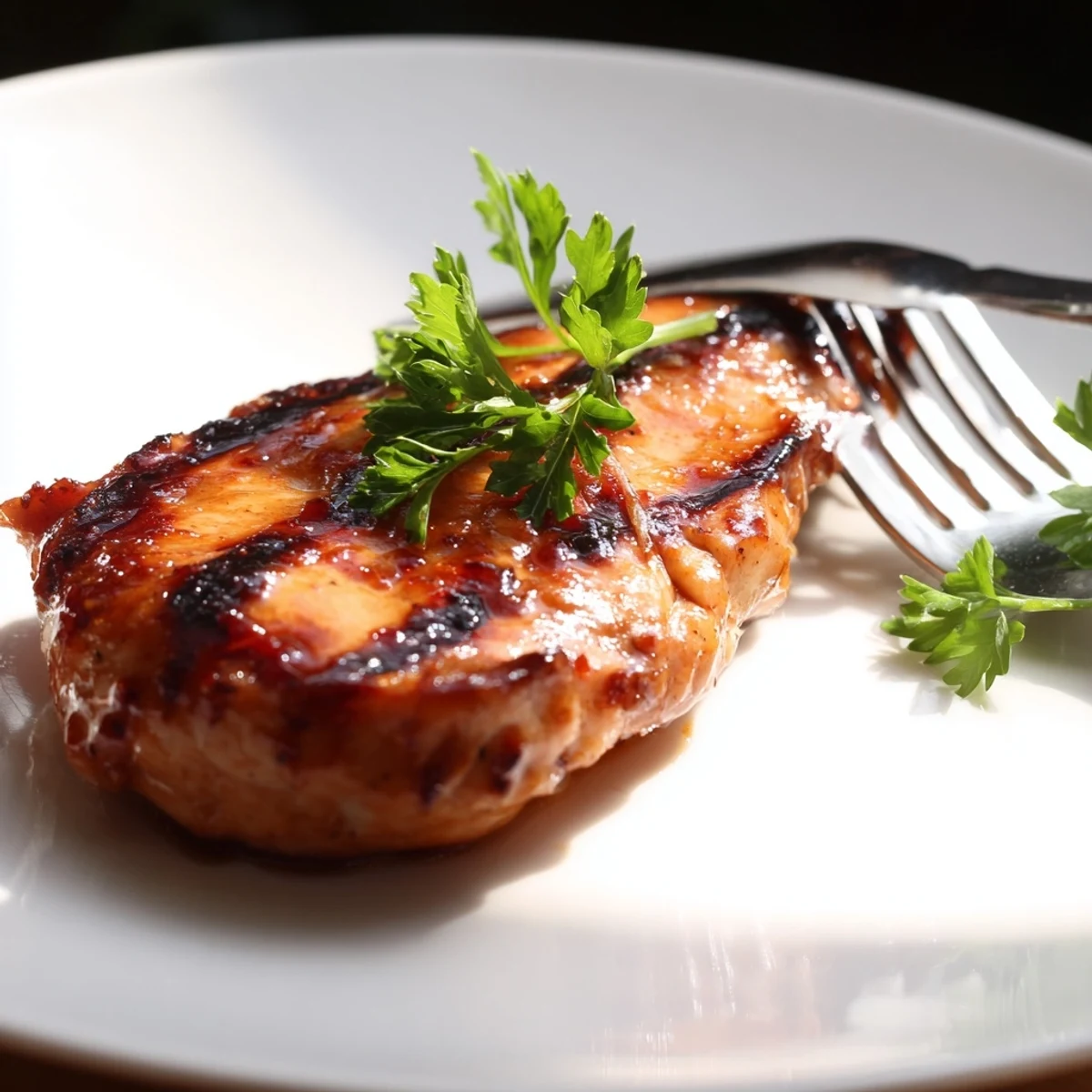 Perfectly grilled chicken basted with maple Dijon marinade resting on a white plate  