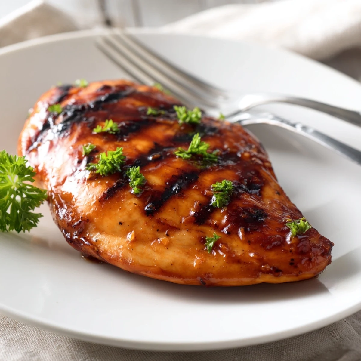 Close up of caramelized maple Dijon grilled chicken with fresh thyme garnish
