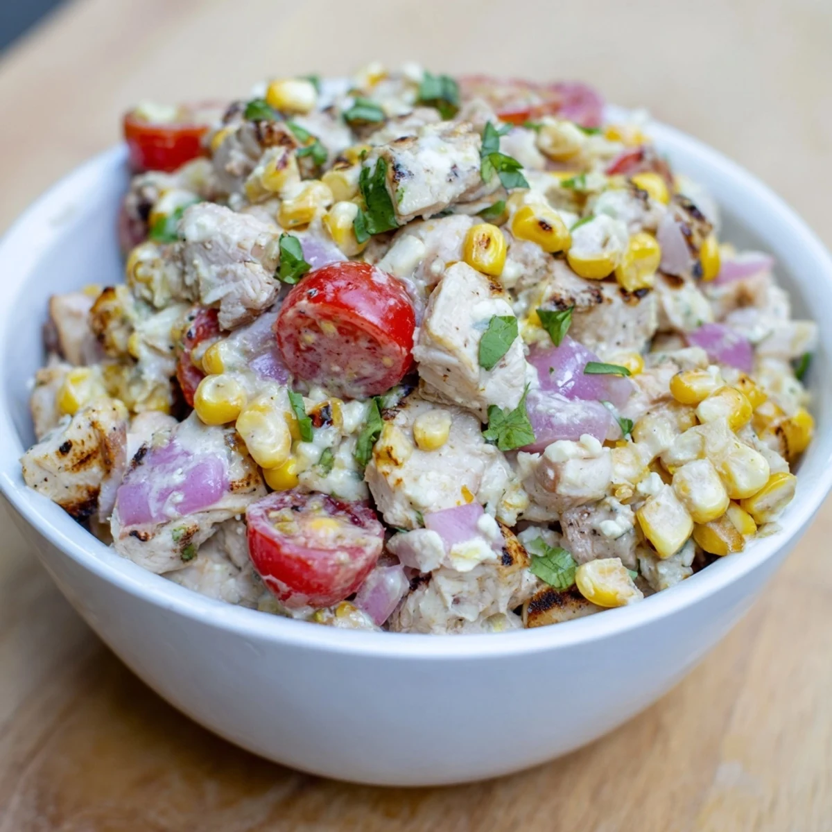 Vibrant high protein chicken street corn salad topped with tangy cotija and fresh cilantro.