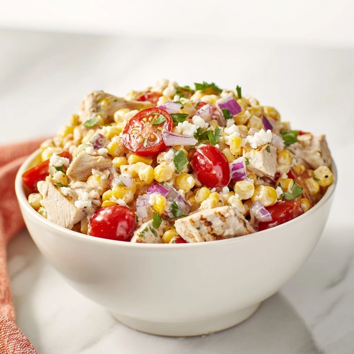 Bowl of grilled chicken street corn salad with charred corn, juicy tomatoes, and creamy dressing.