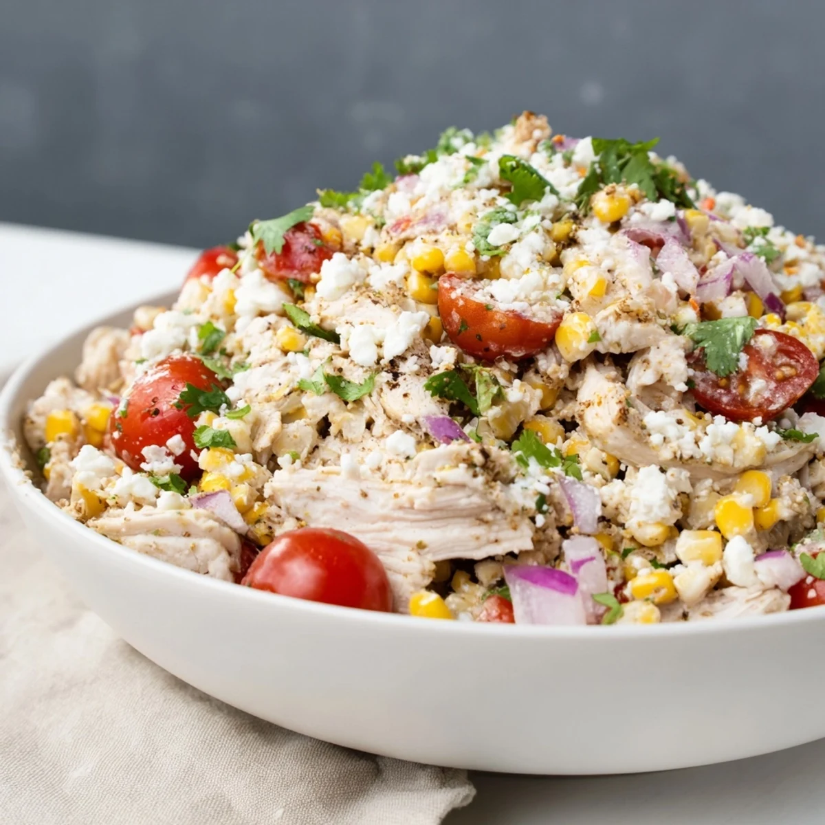 Protein-packed chicken street corn salad featuring spicy grilled chicken breast, crumbled cheese, and lime zest.