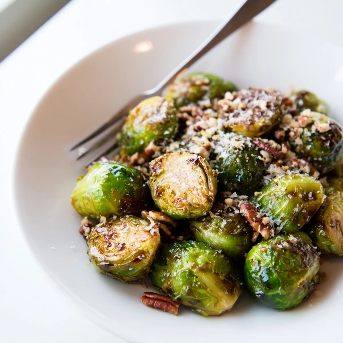 Golden brown honey balsamic Brussels sprouts roasted to caramelized perfection on a white baking sheet.