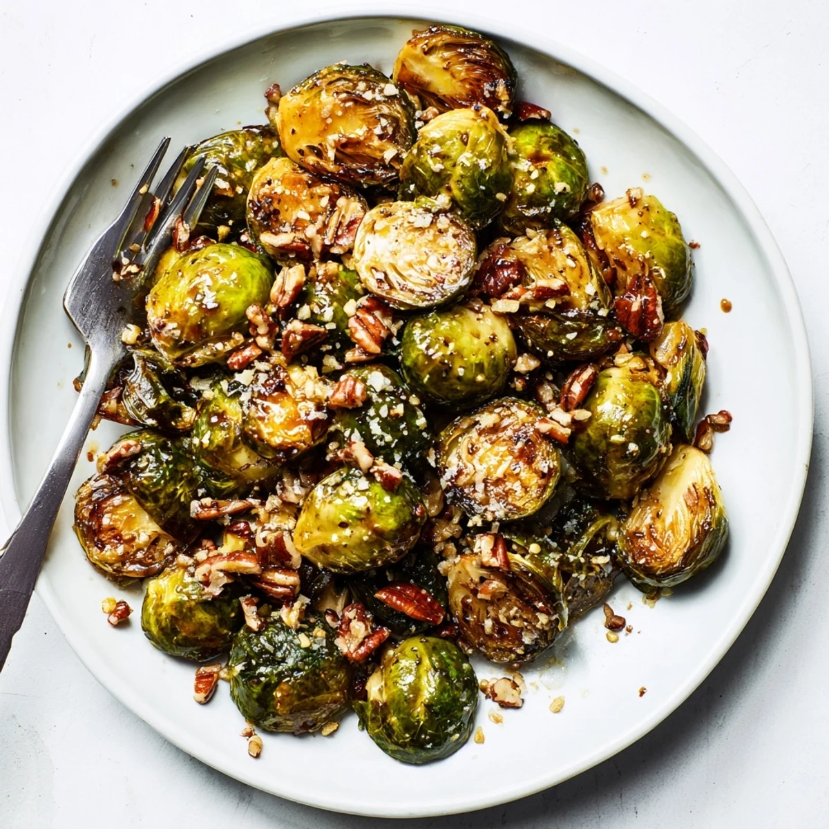 Close-up of tender honey balsamic Brussels sprouts glazed with a sticky balsamic reduction.