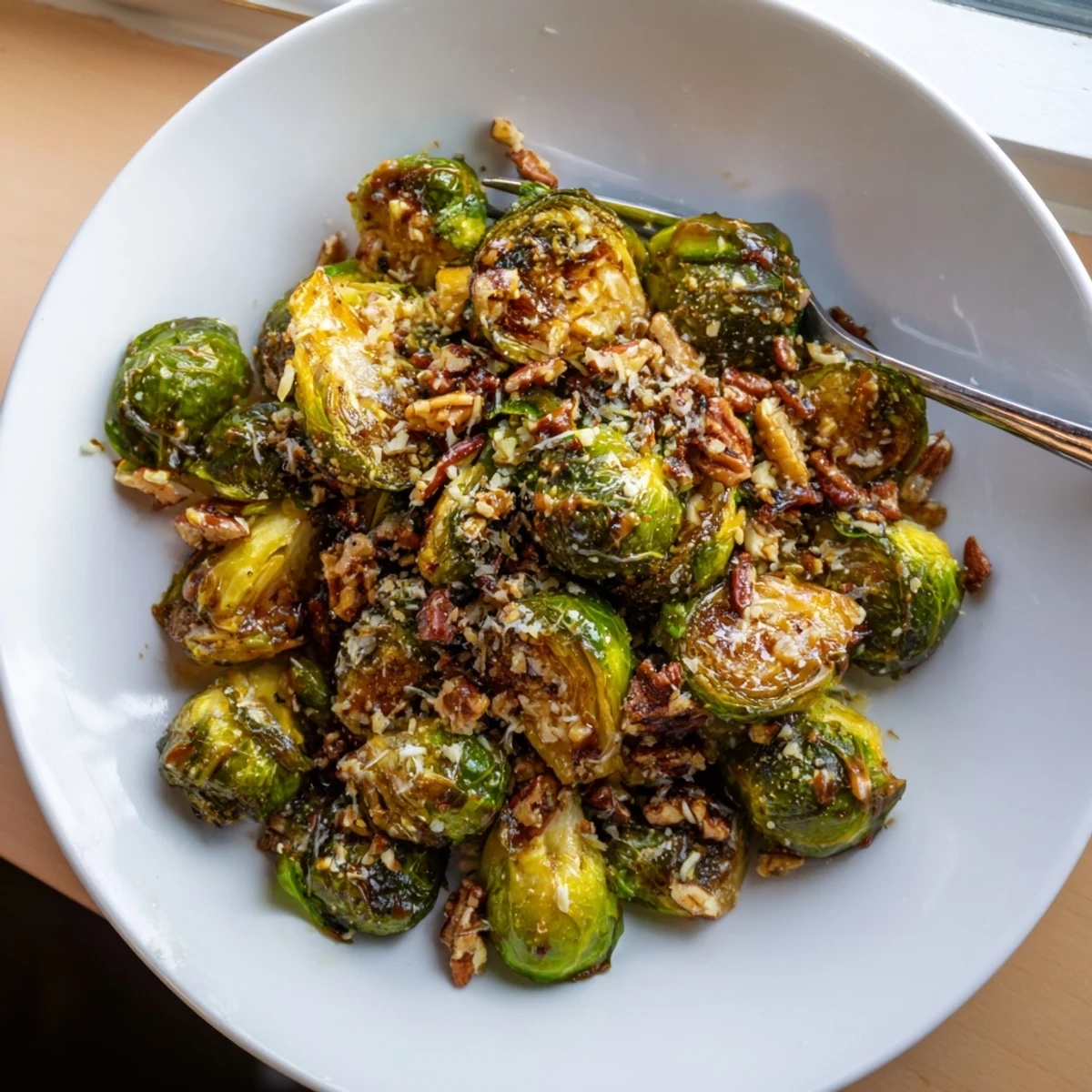 A serving bowl of honey balsamic Brussels sprouts topped with toasted pecans and grated Parmesan.