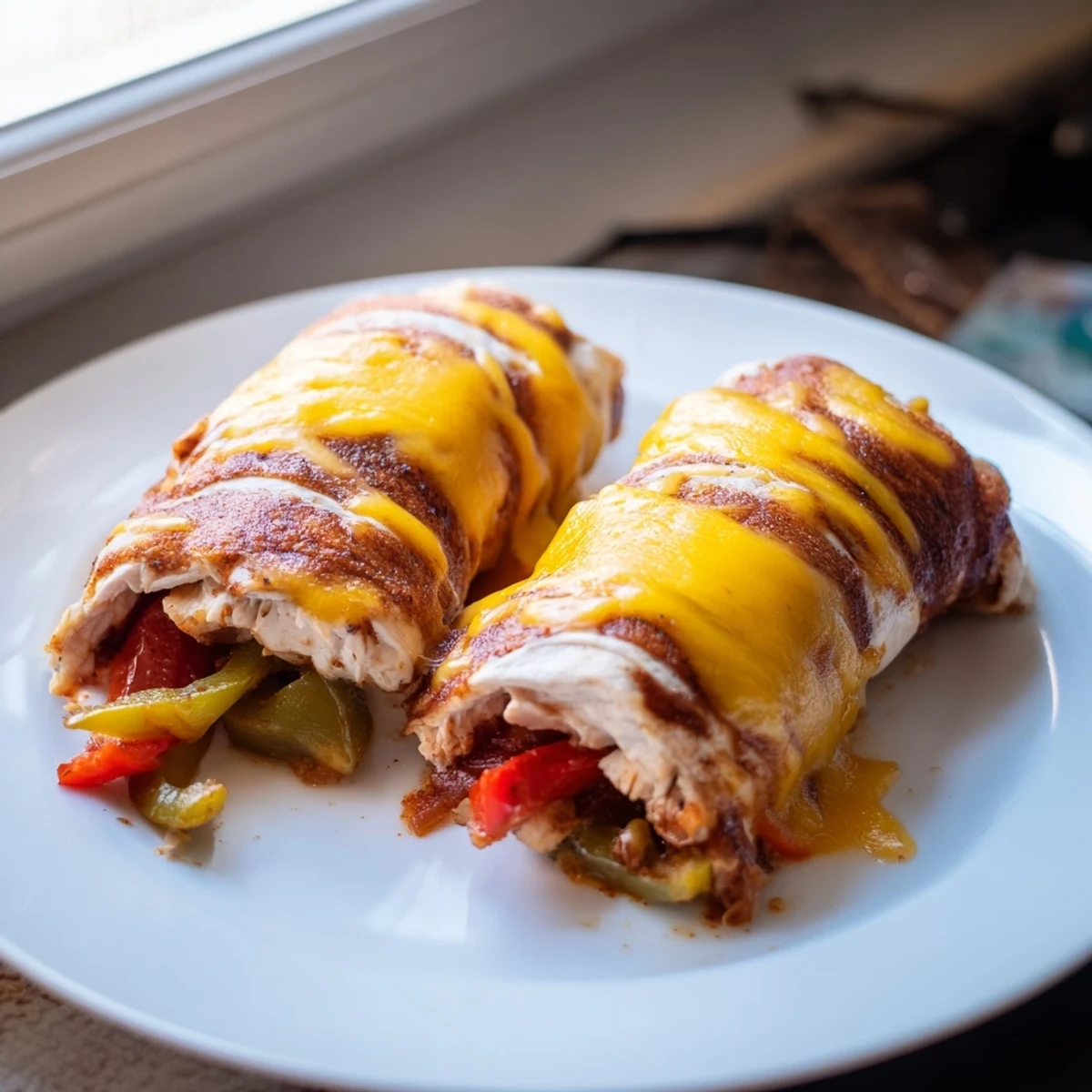 Golden baked chicken fajita roll ups stuffed with colorful peppers and melted cheese  