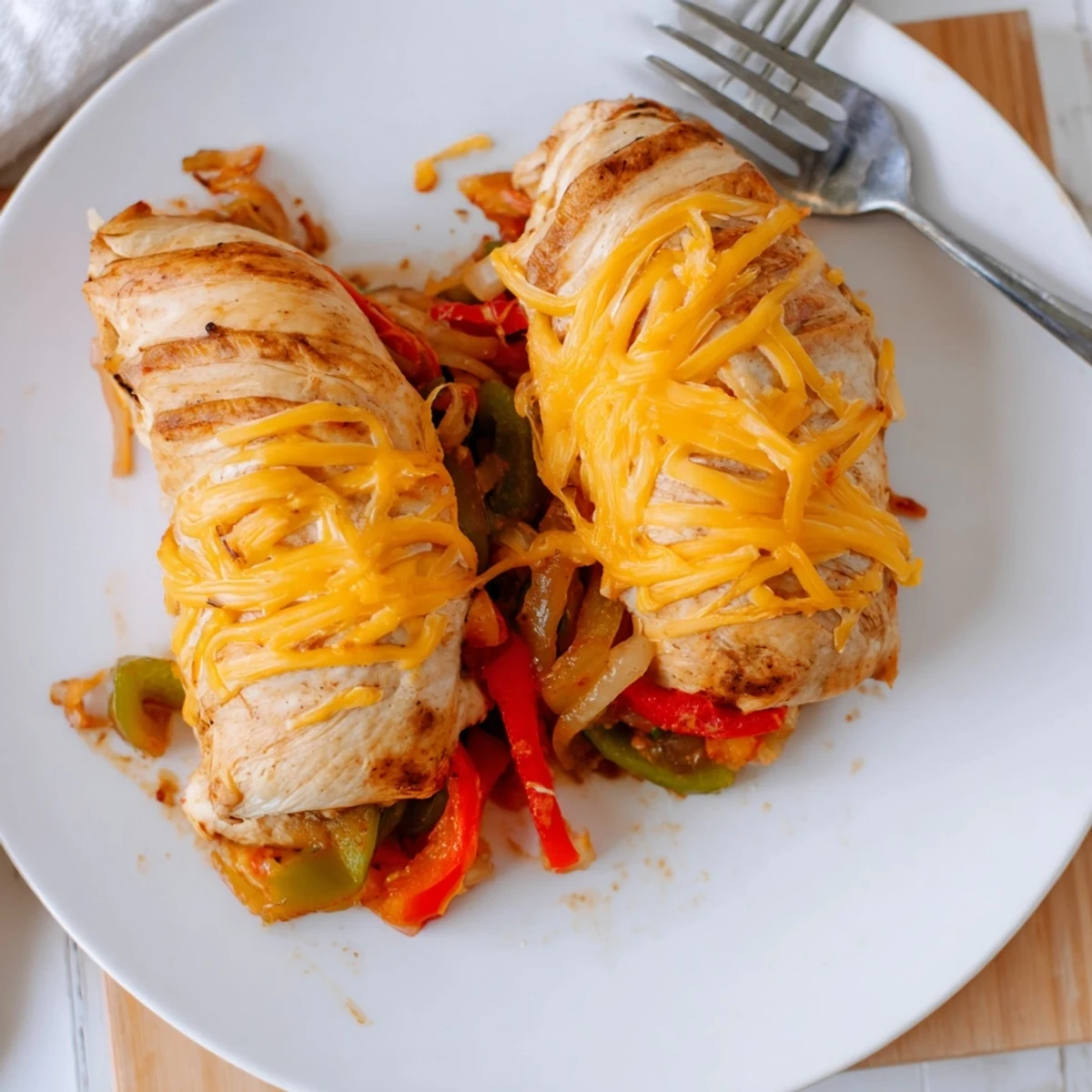 Sliced baked chicken fajita roll ups garnished with fresh cilantro and lime wedges  