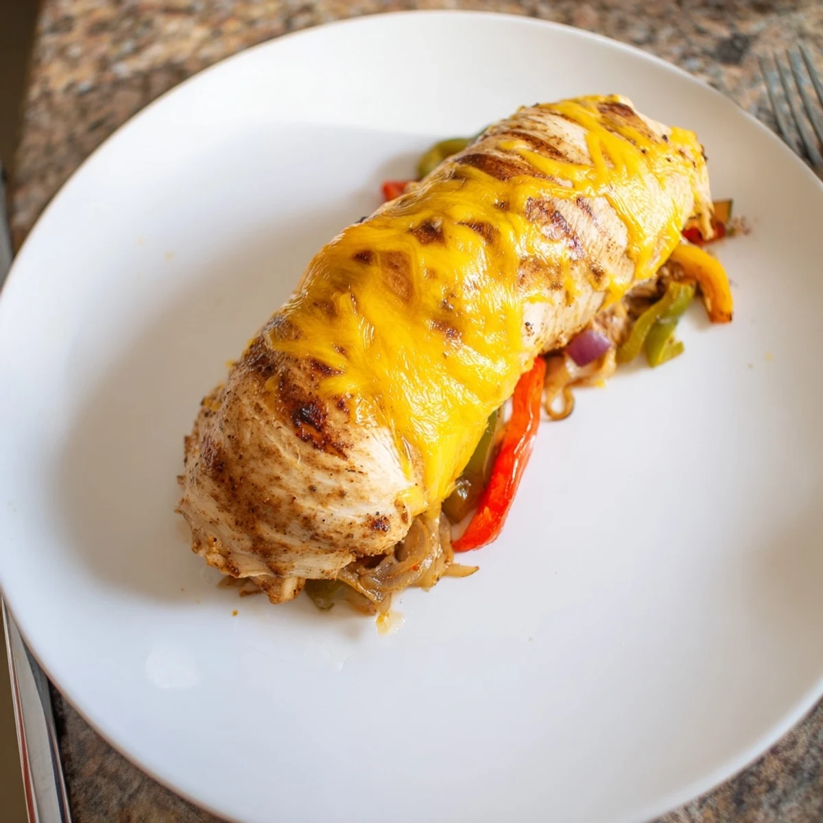 Juicy chicken breasts rolled with spicy peppers and onions in this fajita dish