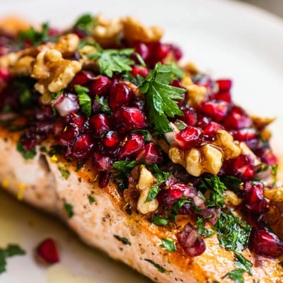 Perfectly cooked salmon topped with tangy Pomegranate Walnut Salsa, ideal for serving alongside fluffy quinoa or a fresh green salad.