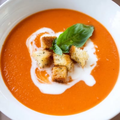 Homemade roasted garlic and tomato basil soup with fresh basil swirl, served hot in a rustic ceramic bowl.