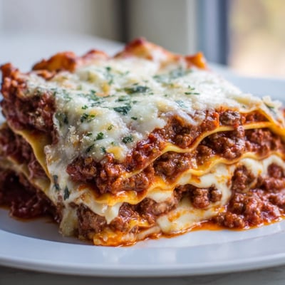 A freshly baked Classic Beef Lasagna in a baking dish, with golden edges and melted cheese, ready to serve.