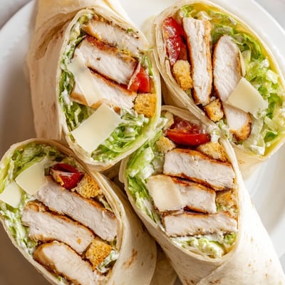 A handheld flour tortilla wrap filled with Caesar-dressed romaine, tender grilled chicken, and generous shavings of Parmesan, ready for a quick and satisfying lunch.