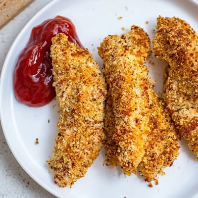 Golden brown Crispy Air Fryer Chicken Tenders with Ketchup lined up in the air fryer basket, ready to be dipped.