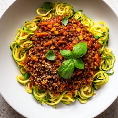 Close-up of rich red lentil sauce spooned over tender spiralized zucchini noodles for a low-carb meal.