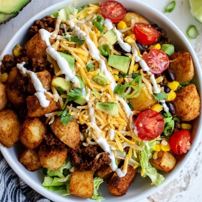 Hearty Loaded Potato Taco Bowl featuring creamy crema drizzle and colorful avocado, corn, and tomato garnishes ready to serve.