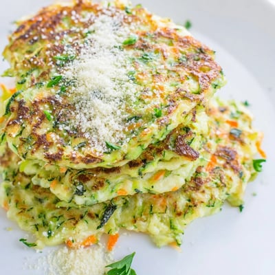 A plate of Crispy Easy Zucchini Fritters topped with fresh herbs beside lemon wedges.