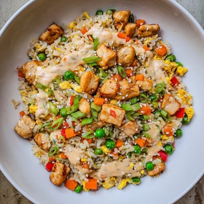 A close-up of vibrant Bang Bang Fried Rice with tender chicken and toasted sesame seeds. 