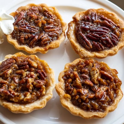 Warm mini pecan pies fresh from the oven on a wire rack