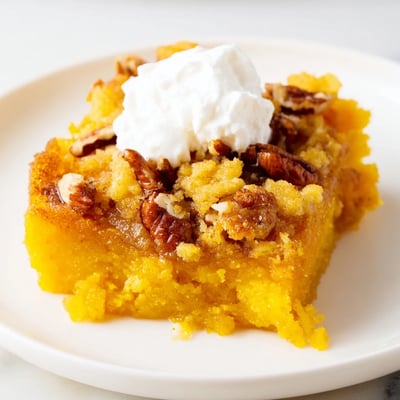 Creamy spiced pumpkin filling bubbles beneath a buttery crumb topping in this pumpkin dump cake