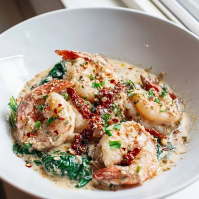 A skillet of keto creamy Tuscan shrimp draped in garlicky sun-dried tomato sauce over tender baby spinach.