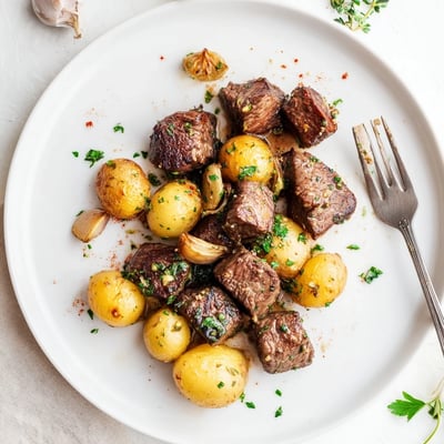 Family-style Garlic Steak Bites and Potatoes Recipe, golden potatoes, fragrant garlic.
