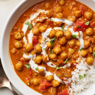 Tender chickpeas in spiced tomato sauce — Greek Yogurt Chickpea Curry over rice