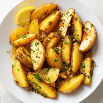 Warm Authentic Greek Lemon Potatoes Recipe plated with parsley, crisp edges, bright citrus