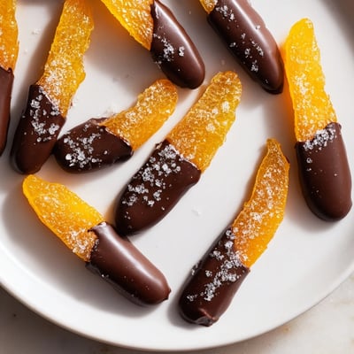 Candied chocolate covered orange peels glistening with rich dark chocolate coating