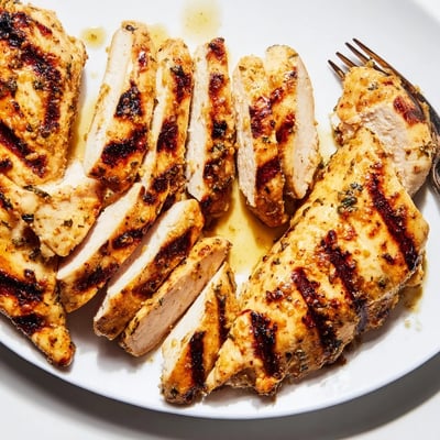 Juicy Mayo Marinated Grilled Chicken sliced open showing tender interior with charred crosshatch marks