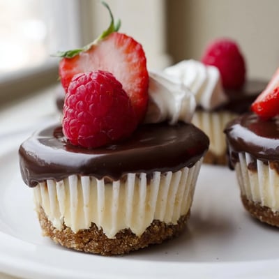 Golden graham cracker crusts peek beneath smooth mini cheesecakes drizzled with caramel