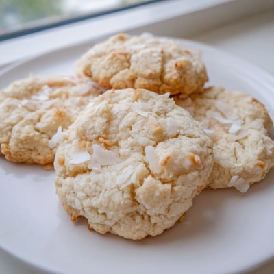 Soft and buttery coconut cookies studded with shredded coconut on a parchment-lined baking sheet