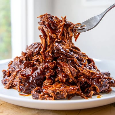 Tender shredded Slow Cooker BBQ Pulled Beef glistening with tangy sweet sauce on a plate